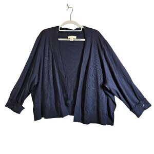CJ Banks Womens 3x Navy Blue Open Front Cardigan Sweater With Button Cuff Detail